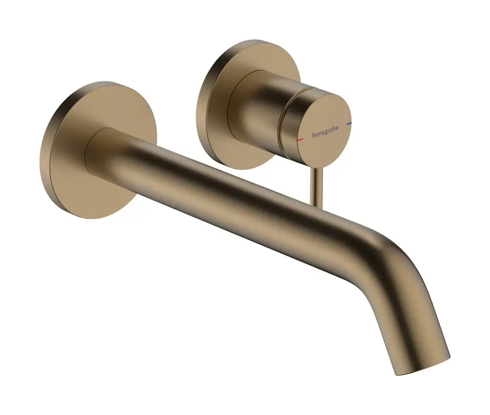 Wandmontierter Einhebel-Waschtischmischer aus gebürstetem Bronze von Hansgrohe mit geradem Auslauf. Schlichte, runde Bedienelemente in einem modernen Design.